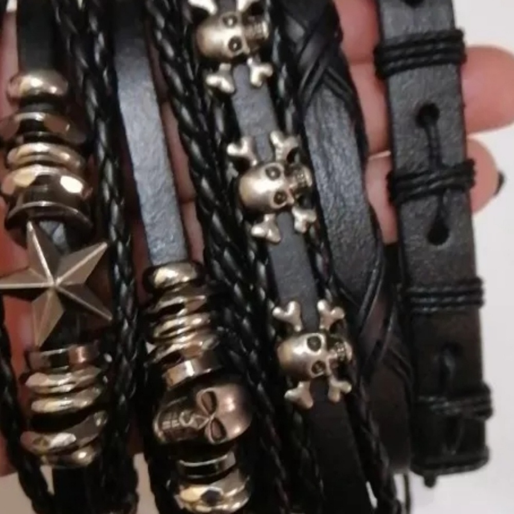 Men's Adjustable Leather Skull Bracelet. Set of 3